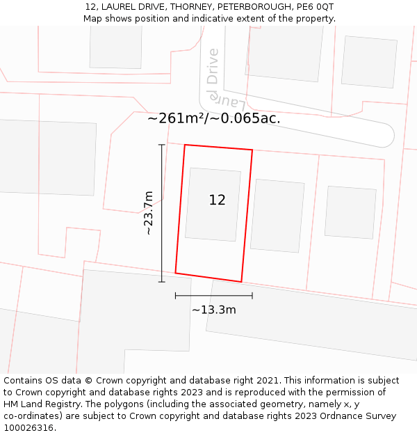 12, LAUREL DRIVE, THORNEY, PETERBOROUGH, PE6 0QT: Plot and title map
