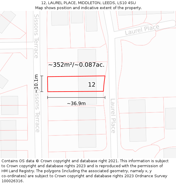 12, LAUREL PLACE, MIDDLETON, LEEDS, LS10 4SU: Plot and title map