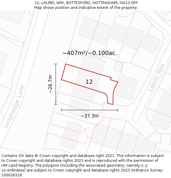 12, LAUREL WAY, BOTTESFORD, NOTTINGHAM, NG13 0FP: Plot and title map
