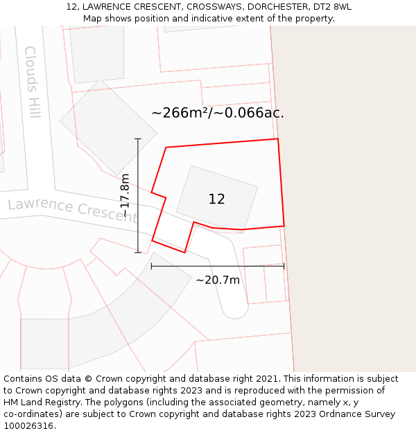 12, LAWRENCE CRESCENT, CROSSWAYS, DORCHESTER, DT2 8WL: Plot and title map