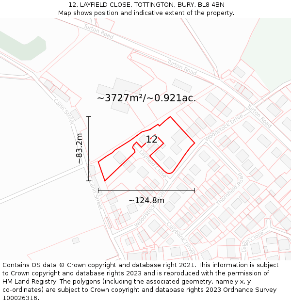 12, LAYFIELD CLOSE, TOTTINGTON, BURY, BL8 4BN: Plot and title map