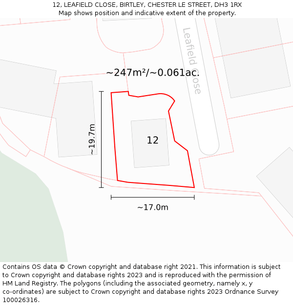 12, LEAFIELD CLOSE, BIRTLEY, CHESTER LE STREET, DH3 1RX: Plot and title map