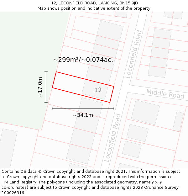 12, LECONFIELD ROAD, LANCING, BN15 9JB: Plot and title map