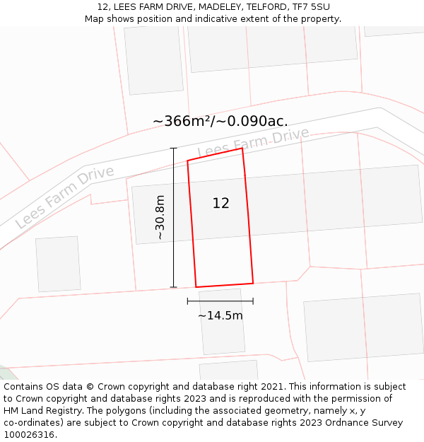 12, LEES FARM DRIVE, MADELEY, TELFORD, TF7 5SU: Plot and title map