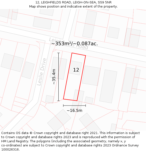 12, LEIGHFIELDS ROAD, LEIGH-ON-SEA, SS9 5NR: Plot and title map