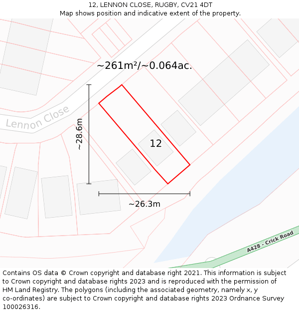 12, LENNON CLOSE, RUGBY, CV21 4DT: Plot and title map