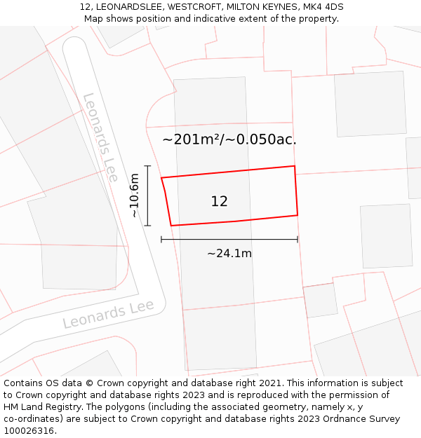 12, LEONARDSLEE, WESTCROFT, MILTON KEYNES, MK4 4DS: Plot and title map