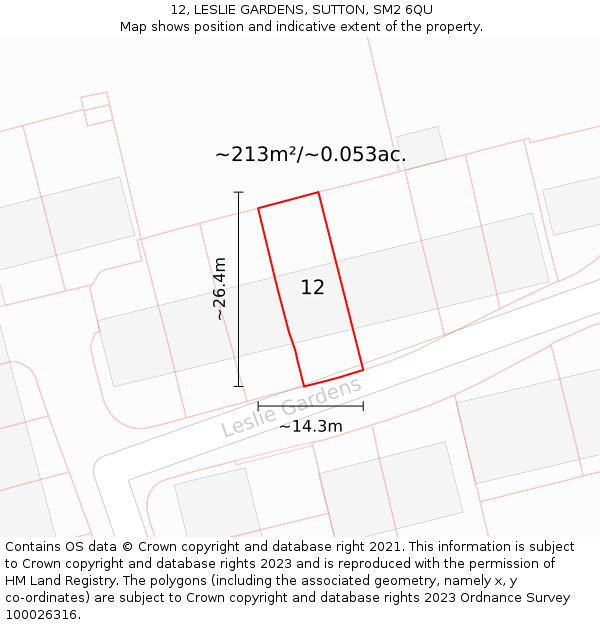 12, LESLIE GARDENS, SUTTON, SM2 6QU: Plot and title map