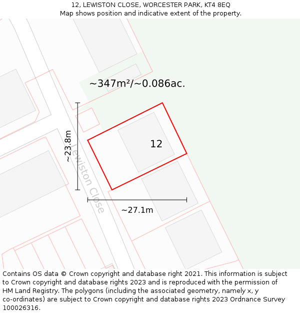 12, LEWISTON CLOSE, WORCESTER PARK, KT4 8EQ: Plot and title map