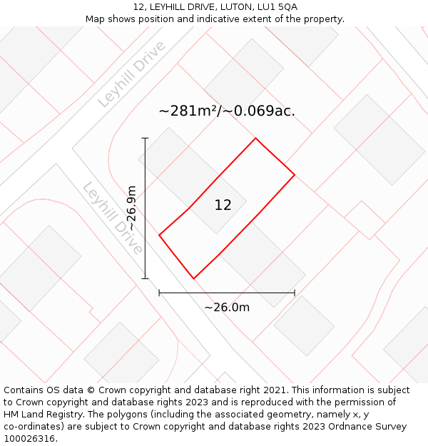 12, LEYHILL DRIVE, LUTON, LU1 5QA: Plot and title map