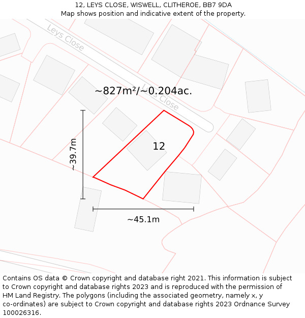 12, LEYS CLOSE, WISWELL, CLITHEROE, BB7 9DA: Plot and title map