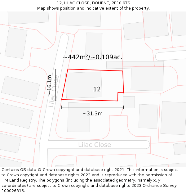 12, LILAC CLOSE, BOURNE, PE10 9TS: Plot and title map