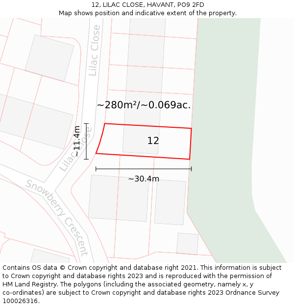 12, LILAC CLOSE, HAVANT, PO9 2FD: Plot and title map