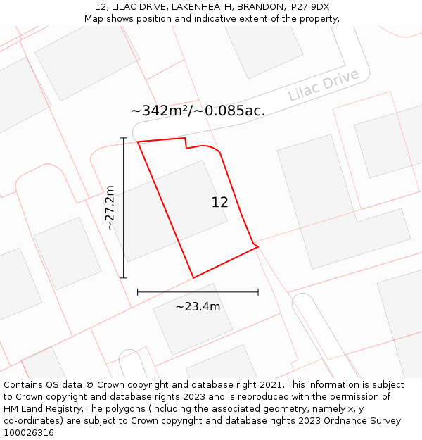 12, LILAC DRIVE, LAKENHEATH, BRANDON, IP27 9DX: Plot and title map