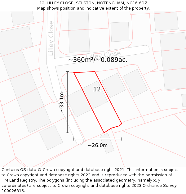 12, LILLEY CLOSE, SELSTON, NOTTINGHAM, NG16 6DZ: Plot and title map