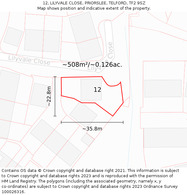 12, LILYVALE CLOSE, PRIORSLEE, TELFORD, TF2 9SZ: Plot and title map