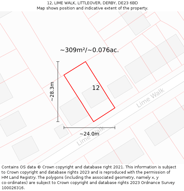 12, LIME WALK, LITTLEOVER, DERBY, DE23 6BD: Plot and title map