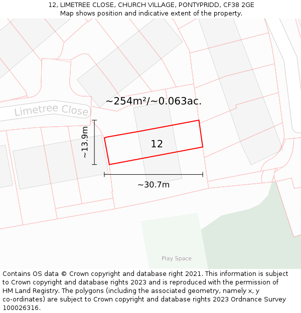 12, LIMETREE CLOSE, CHURCH VILLAGE, PONTYPRIDD, CF38 2GE: Plot and title map