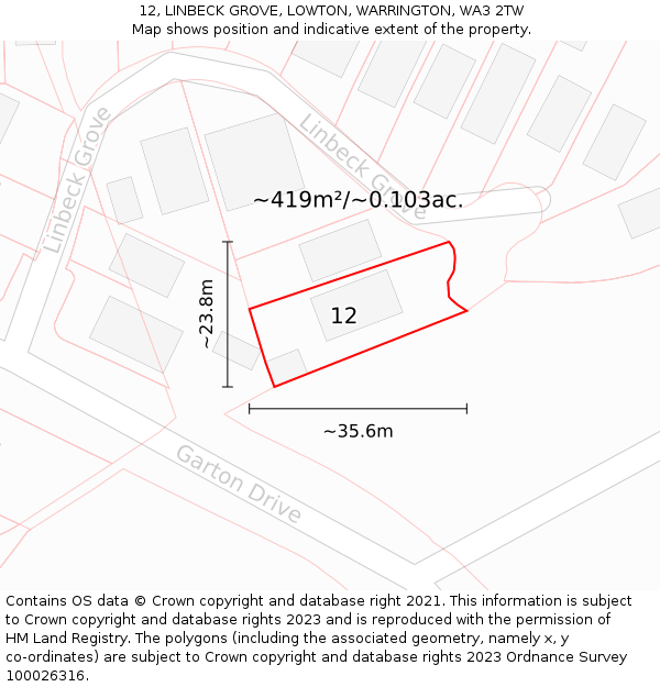 12, LINBECK GROVE, LOWTON, WARRINGTON, WA3 2TW: Plot and title map