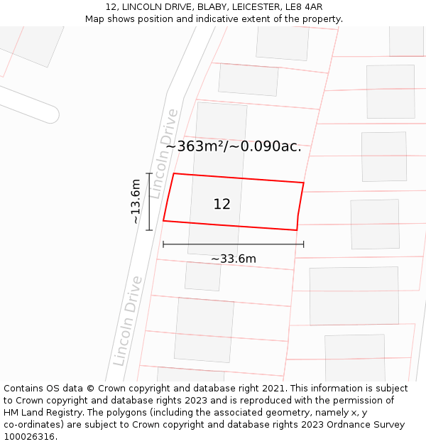 12, LINCOLN DRIVE, BLABY, LEICESTER, LE8 4AR: Plot and title map