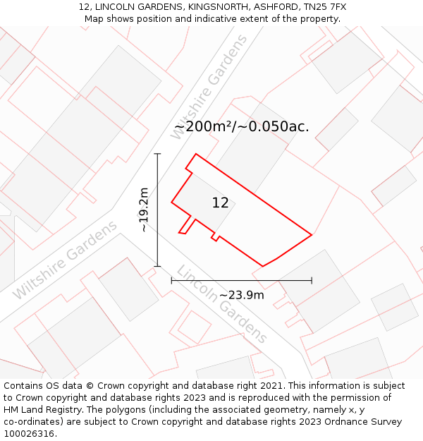 12, LINCOLN GARDENS, KINGSNORTH, ASHFORD, TN25 7FX: Plot and title map