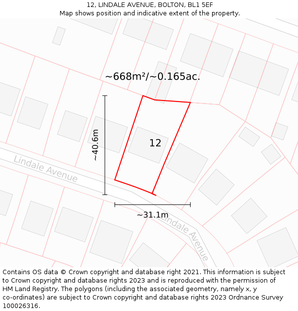 12, LINDALE AVENUE, BOLTON, BL1 5EF: Plot and title map