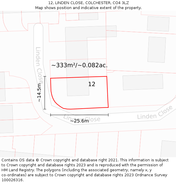 12, LINDEN CLOSE, COLCHESTER, CO4 3LZ: Plot and title map