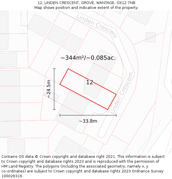 12, LINDEN CRESCENT, GROVE, WANTAGE, OX12 7NB: Plot and title map