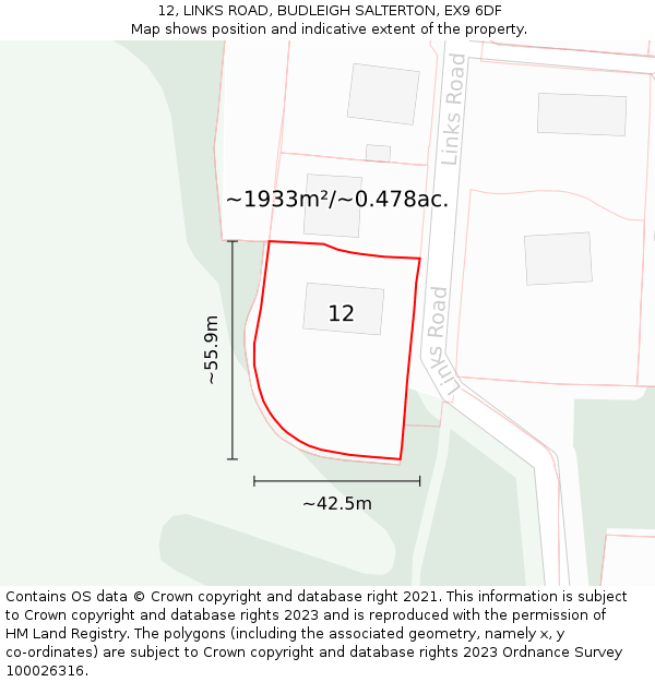 12, LINKS ROAD, BUDLEIGH SALTERTON, EX9 6DF: Plot and title map