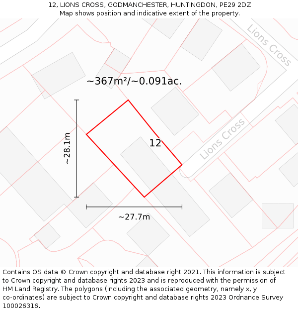 12, LIONS CROSS, GODMANCHESTER, HUNTINGDON, PE29 2DZ: Plot and title map