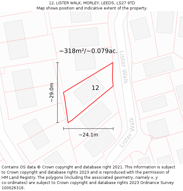 12, LISTER WALK, MORLEY, LEEDS, LS27 9TD: Plot and title map