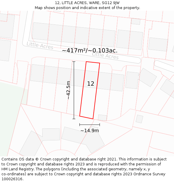 12, LITTLE ACRES, WARE, SG12 9JW: Plot and title map