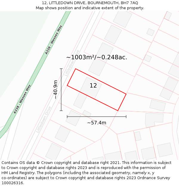 12, LITTLEDOWN DRIVE, BOURNEMOUTH, BH7 7AQ: Plot and title map