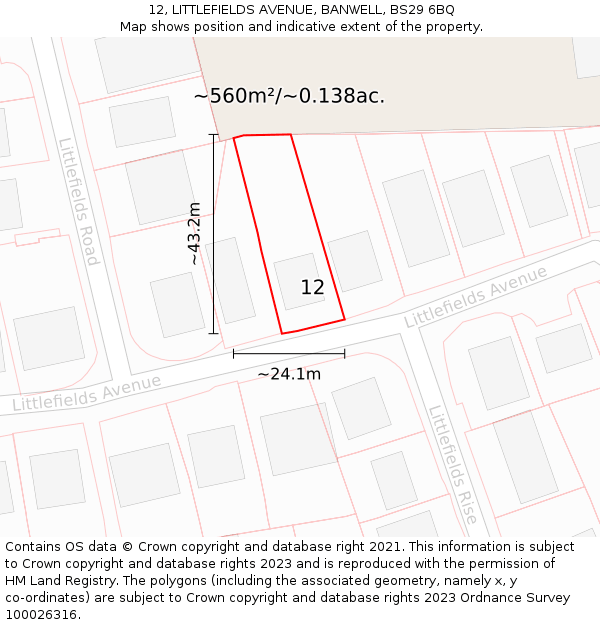 12, LITTLEFIELDS AVENUE, BANWELL, BS29 6BQ: Plot and title map