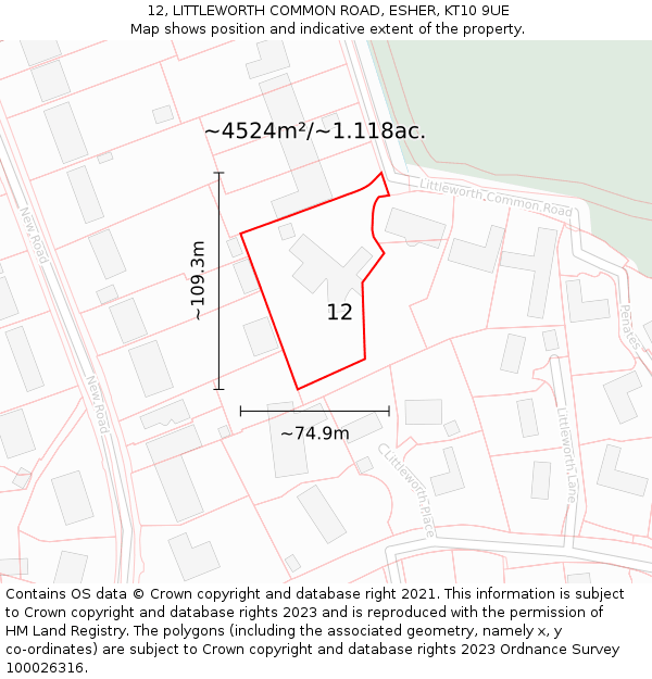 12, LITTLEWORTH COMMON ROAD, ESHER, KT10 9UE: Plot and title map