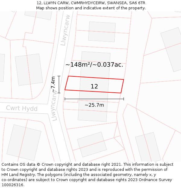 12, LLWYN CARW, CWMRHYDYCEIRW, SWANSEA, SA6 6TR: Plot and title map