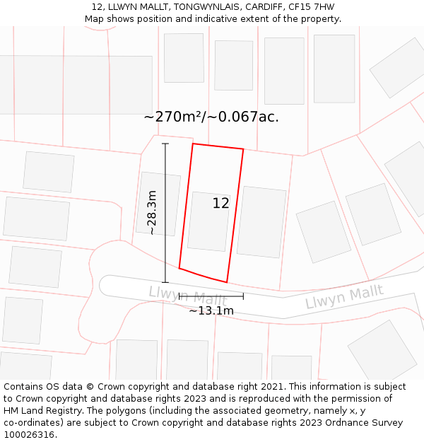 12, LLWYN MALLT, TONGWYNLAIS, CARDIFF, CF15 7HW: Plot and title map