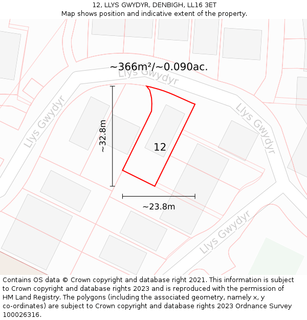 12, LLYS GWYDYR, DENBIGH, LL16 3ET: Plot and title map