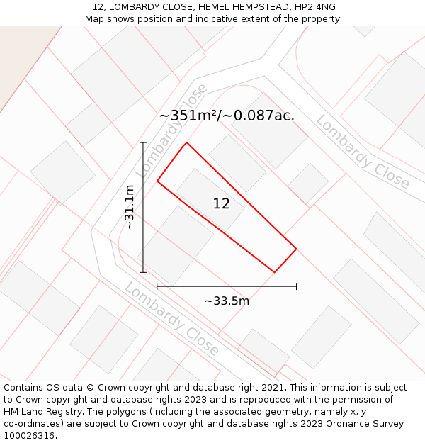 12, LOMBARDY CLOSE, HEMEL HEMPSTEAD, HP2 4NG: Plot and title map