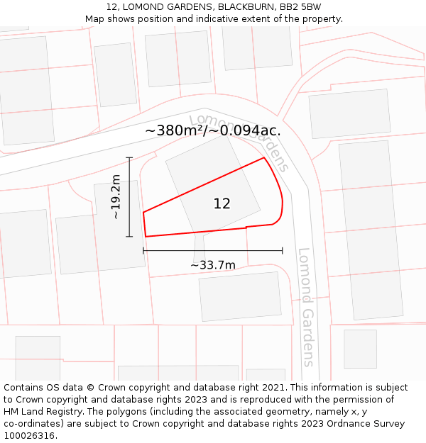 12, LOMOND GARDENS, BLACKBURN, BB2 5BW: Plot and title map