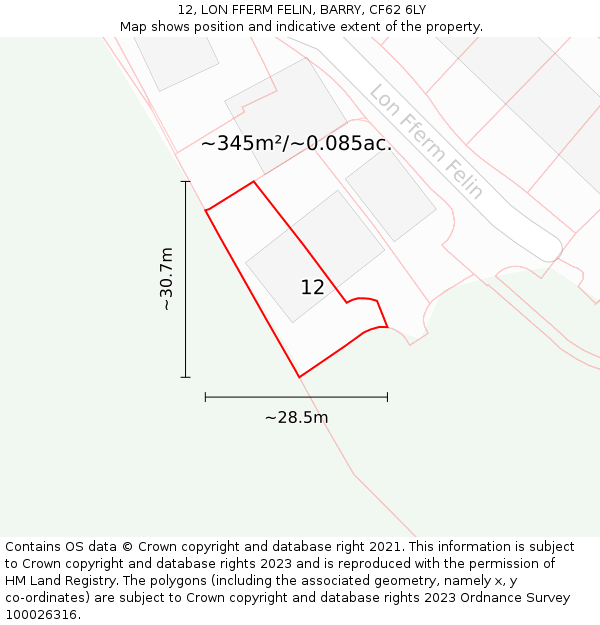 12, LON FFERM FELIN, BARRY, CF62 6LY: Plot and title map