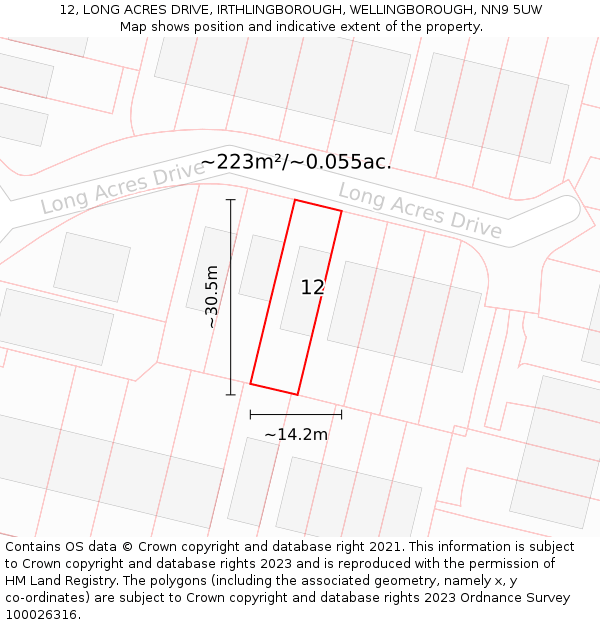 12, LONG ACRES DRIVE, IRTHLINGBOROUGH, WELLINGBOROUGH, NN9 5UW: Plot and title map