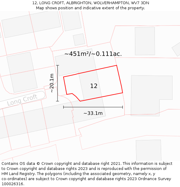 12, LONG CROFT, ALBRIGHTON, WOLVERHAMPTON, WV7 3DN: Plot and title map