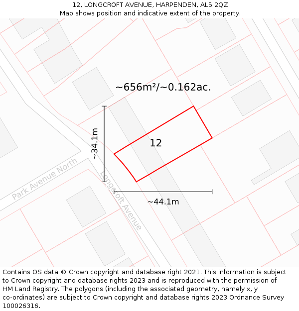 12, LONGCROFT AVENUE, HARPENDEN, AL5 2QZ: Plot and title map