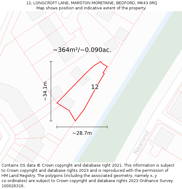 12, LONGCROFT LANE, MARSTON MORETAINE, BEDFORD, MK43 0RQ: Plot and title map