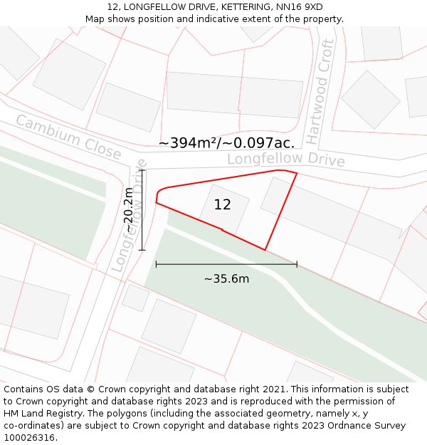 12, LONGFELLOW DRIVE, KETTERING, NN16 9XD: Plot and title map