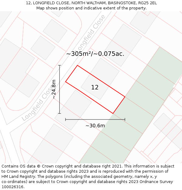 12, LONGFIELD CLOSE, NORTH WALTHAM, BASINGSTOKE, RG25 2EL: Plot and title map