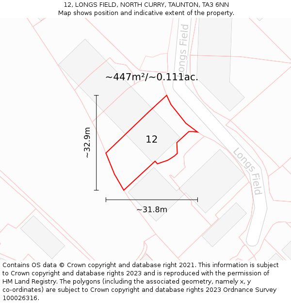 12, LONGS FIELD, NORTH CURRY, TAUNTON, TA3 6NN: Plot and title map