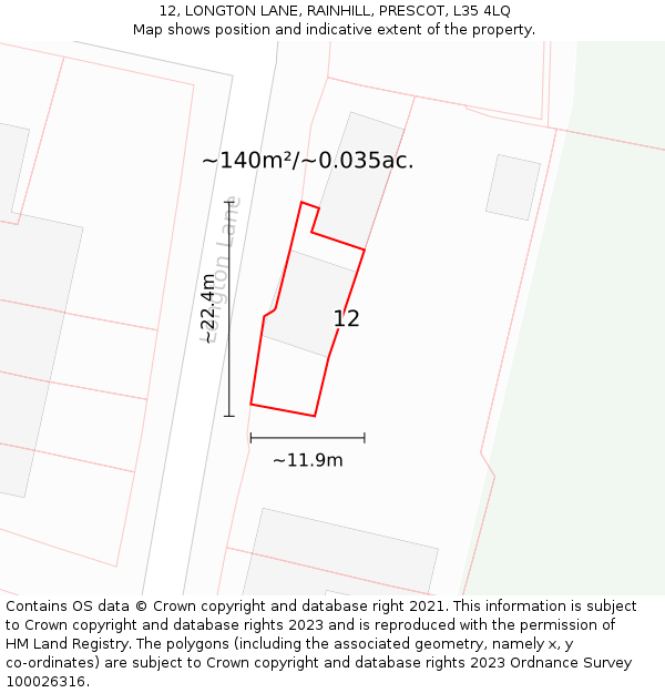 12, LONGTON LANE, RAINHILL, PRESCOT, L35 4LQ: Plot and title map