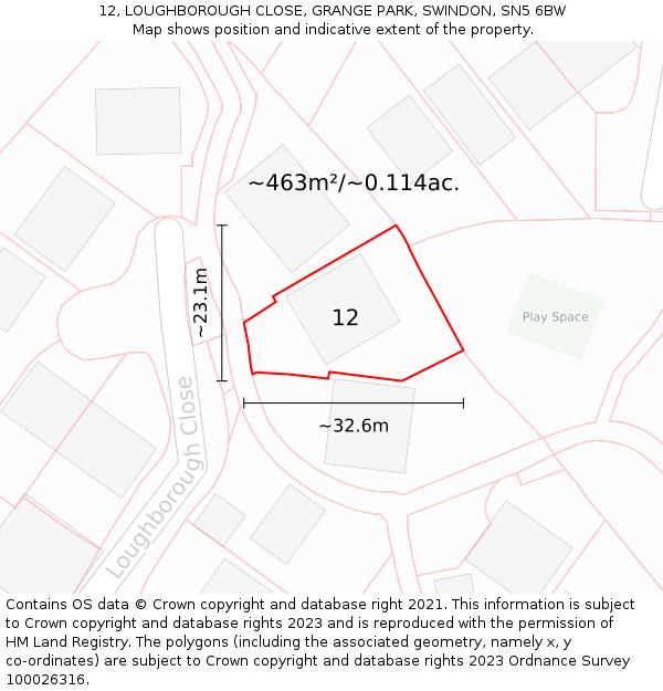 12, LOUGHBOROUGH CLOSE, GRANGE PARK, SWINDON, SN5 6BW: Plot and title map